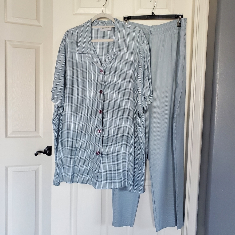 Samantha Top & Pants Set Button-up Short Sleeves Pull-on Pants‎ Plaid Blue XXL